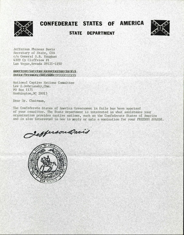 Not sure what to make of this... An elaborate prank? Undated letter (apparently 1980-1999) from a 'Jefferson Phineas Davis' on behalf of 'Confederate States of America government-in-exile' to 🇺🇸Banderite ally Lev Dobriansky, founder of the Victims of Communism Memorial Foundation