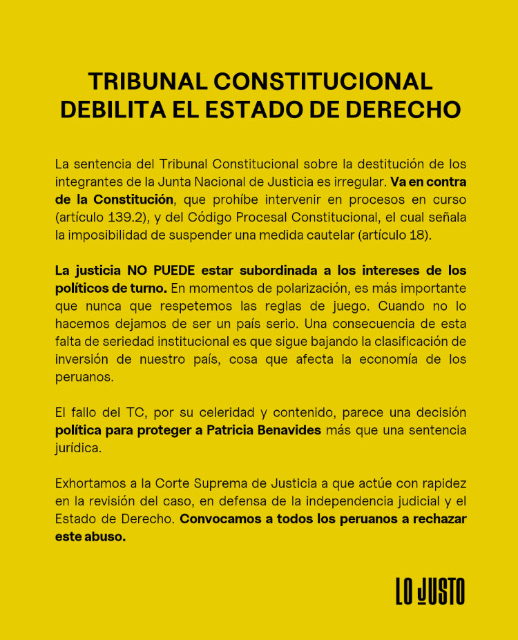 AUDAZ COMUNICADO: partido “Lo Justo”, emite comunicado en el que cuestionan sentencia de TC. Cómo dicen:”en derecho toda materia es opinable”, y está bien.Lo que no está bien es el osado penúltimo párrafo donde hacen conjeturas sobre celeridad y una supuesta protección. Muy mal!