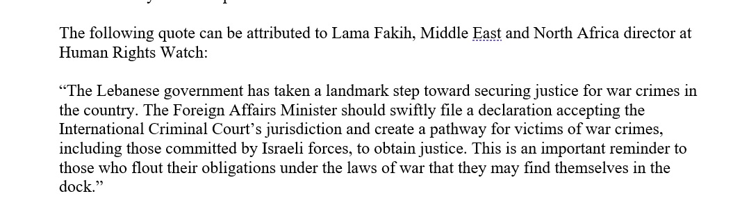 Breaking: Lebanon set to accept @IntlCrimCourt jurisdiction over serious crimes committed in Lebanon since Oct 7, a 'landmark step [to] create pathway for victims of war crimes—including those committed by Israeli forces—to obtain justice.' Preparators put on notice. @hrw reacts.