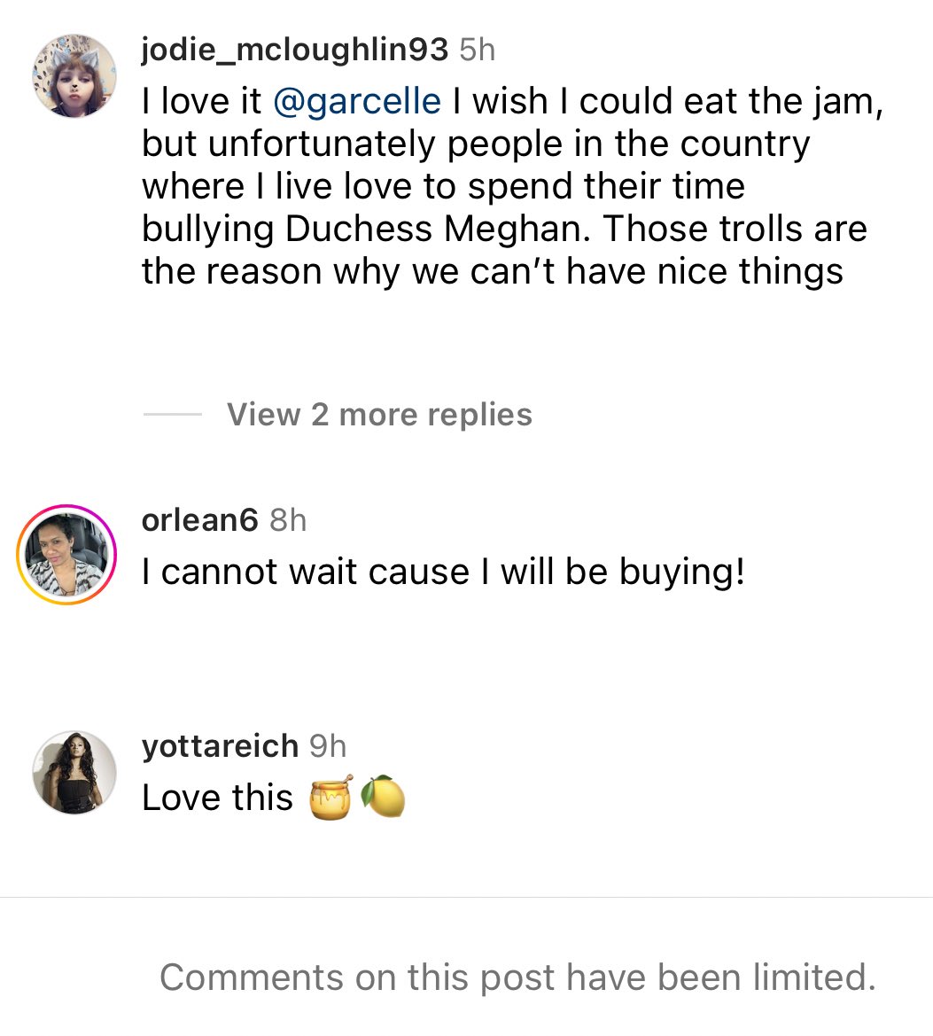 Garcelle Beauvais had to limit her IG comments after sharing a post of Meg’s jam. This woman has gone from royalty to being the most reviled woman in the world, having to peddle jam just to stay relevant. Cheers to living your best life, Meg! #MeghanMarkIe #Meghan50JarsOfJam