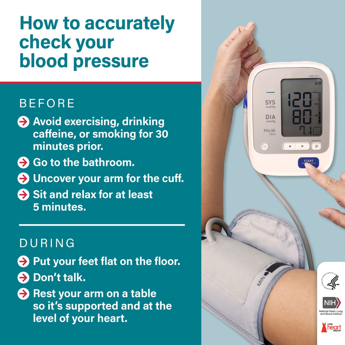 Are you measuring your blood pressure correctly? Avoid exercising, drinking caffeine, or smoking for 30 minutes before measuring. While measuring, make sure you sit quietly with feet flat on the floor. Learn more 👇 @thehearttruth #HealthyBrainLA