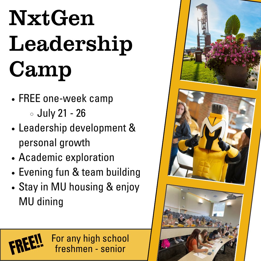 Attention high school student families! Join us at MU for the NxtGen Leadership week-long FREE camp! Experience leadership development, team-building skills, academic exploration and FUN! Don't miss out; click the link for more info and to register today! manchester.edu/about-manchest…