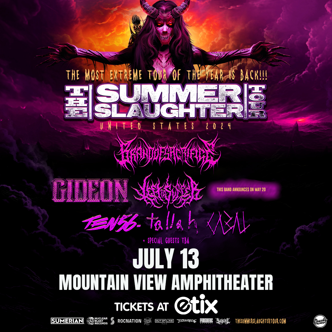 🚨 ON SALE NOW 🚨 @summerslaughter featuring @BrandOSacrifice, @GideonAL, @LefttoSufferUS, @ten56hq, @tallah__, and @cabalcph at Mountain View Amphitheater on July 13th! ⏰ Tickets are on sale now! 🎟️ bit.ly/SummerSlaughte…