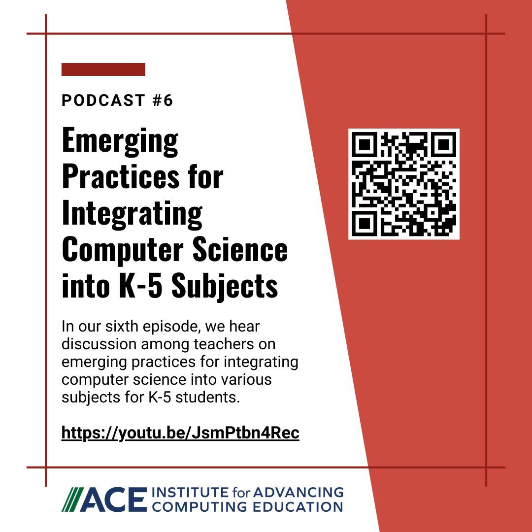 Our sixth episode in the #CSTeacherTalks podcast series is 'Emerging Practices for Integrating Computer Science into K-5 Subjects'. Click below to listen! buff.ly/3WlQc7v #podcast #CSequity #CSEd