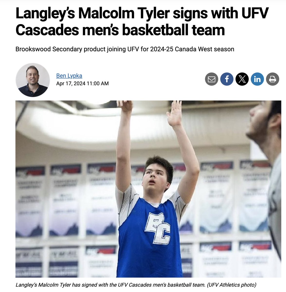 Brookswood Secondary student Malcolm Tyler will be continuing his basketball career at the post-secondary level after signing with the University of Fraser Valley Cascades. Congrats Malcolm! Read more about it in the Abbotsford News: ow.ly/cXW150RmC48