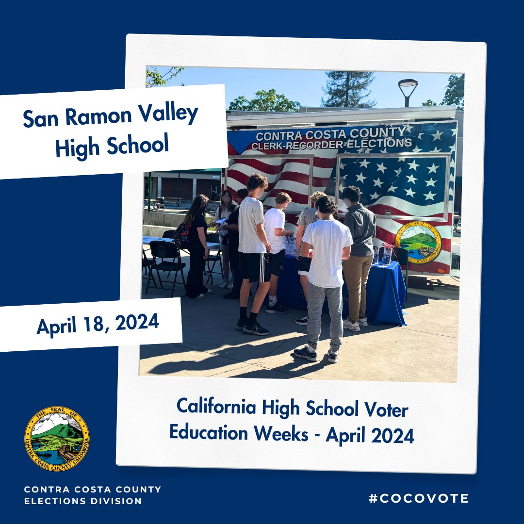 Thank you to San Ramon Valley High School for inviting #CoCoVote to visit and answer student’s questions about #Elections and #Voting. We’re committed to pre-register students and get them #VoteReady for future elections, like the upcoming November General Election. #srvhs