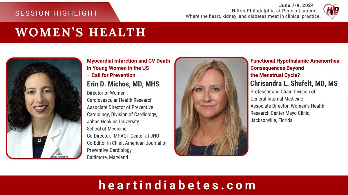 Join us for our session, 'Women's Health' with our renowned speakers at the 8th #HID24, and don't miss out on earning #CME credits! Register now at heartindiabetes.com/registration @ErinMichos @cshufeltMD @American_Heart @HopkinsMedicine @AJPCardio @WHMayoClinic #MedEd #WomensHealth