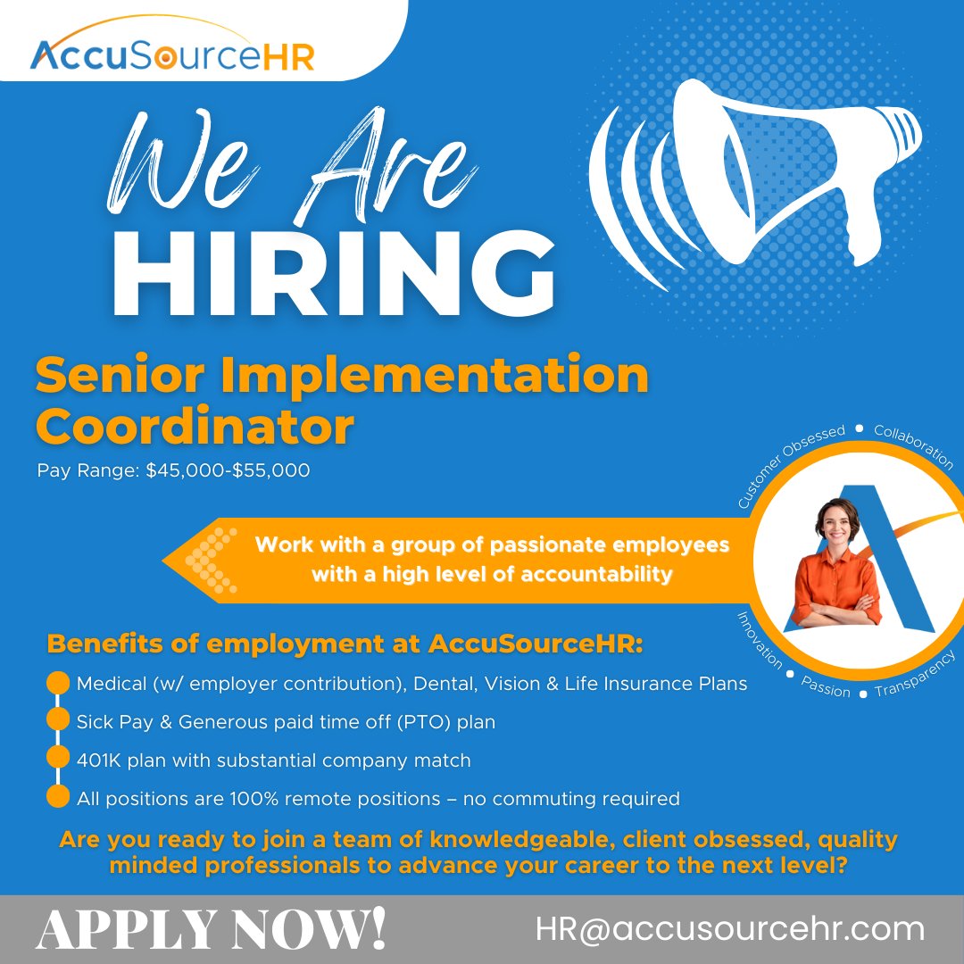 Join our Team! - AccuSourceHR currently has an opening for a Full-time, Remote, Senior Implementation Coordinator. We offer competitive compensation and benefits. Contact us for more information. bit.ly/4bdD6x3 #hiring #jobposting #applytoday