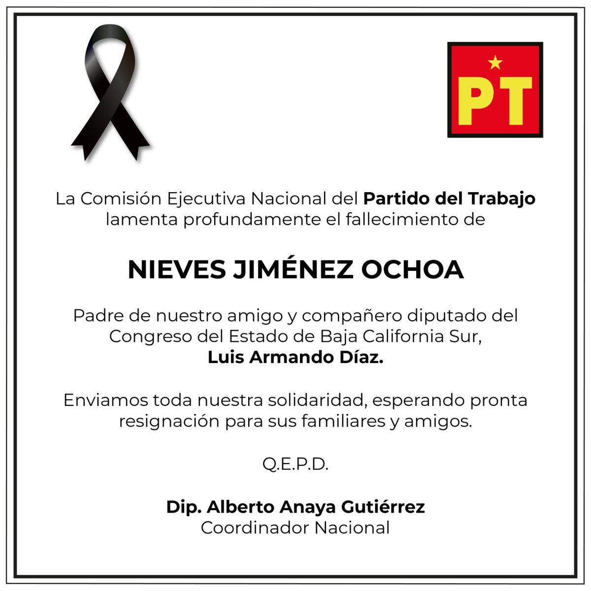 Envío mi más sentido pésame a la familia de nuestro amigo Luis Armando Díaz, por la lamentable pérdida de su padre, Nieves Jiménez Ochoa. Pronta resignación a su familiares y amigos.