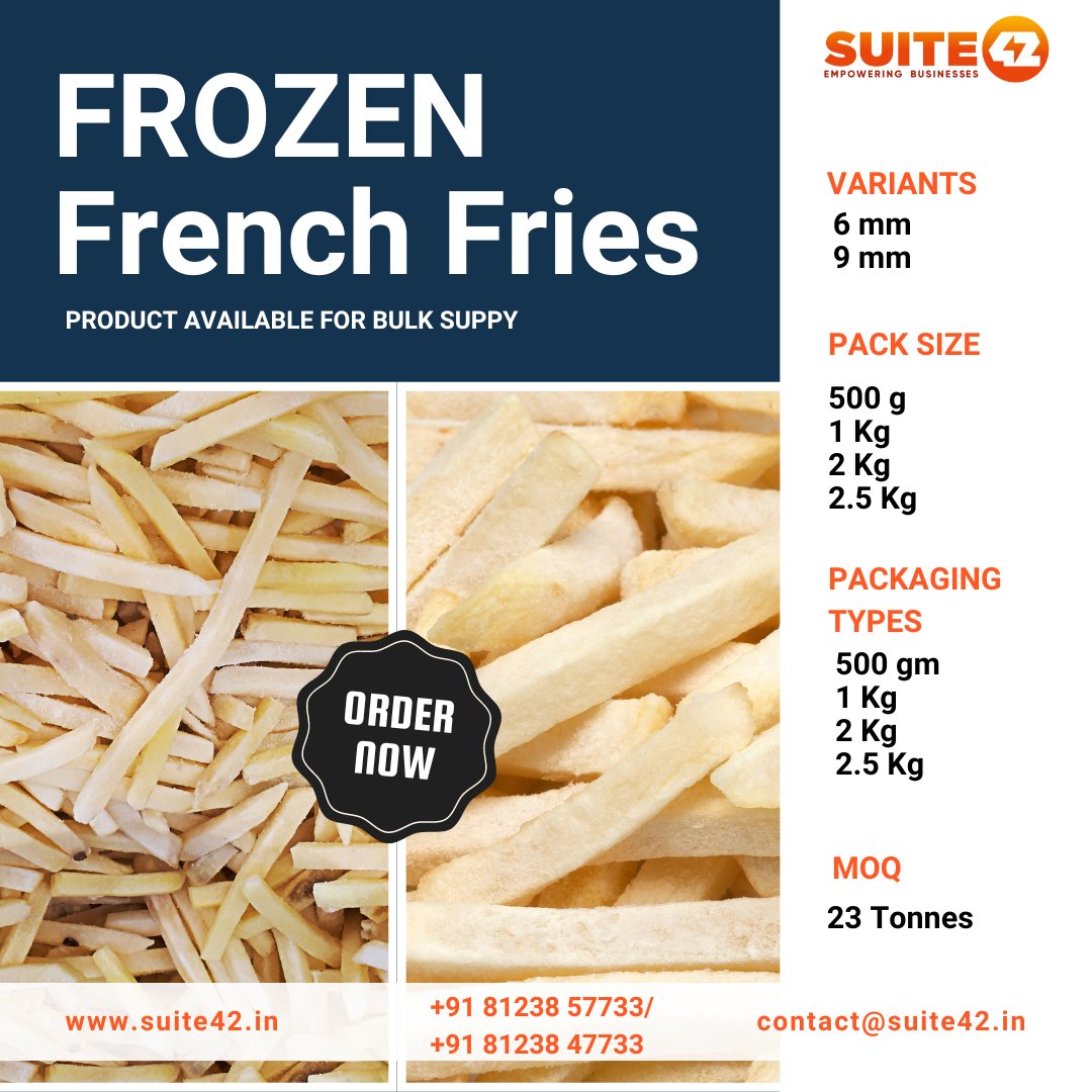 Elevate your menu with restaurant-grade frozen french fries! 🍟 Stock up today to satisfy even the most discerning palates. Order now: suite42.in/frozen-foods/#… #frozenfoods #frenchfries #food
