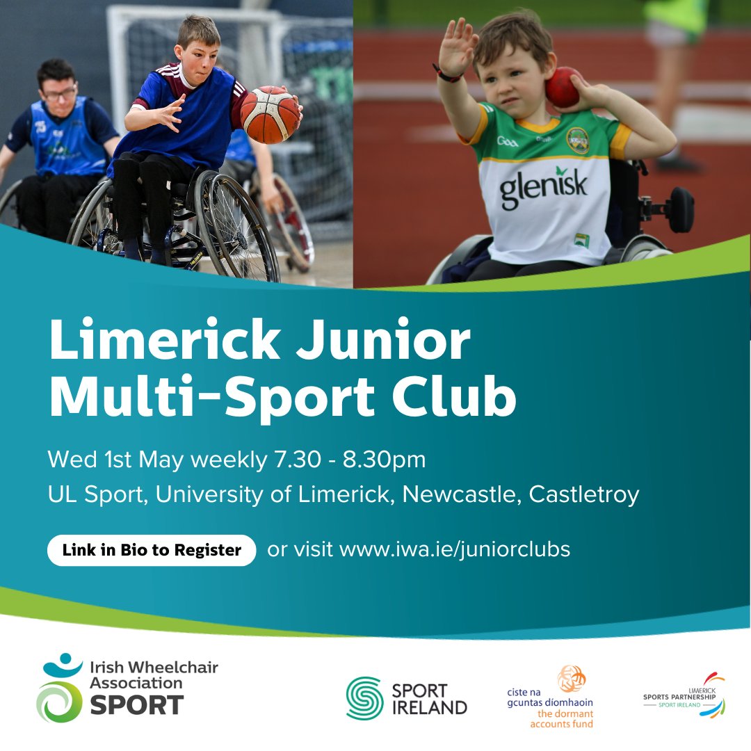 A multi-sport club is coming to Limerick! In partnership with @LimerickSports, we're delighted to launch the Limerick Multi-Sport Club on May 1st at @ULimsport, 7:30pm-8:30pm! Learn more and register your child's place here: bit.ly/3TKImkD @sportireland @ParalympicsIRE