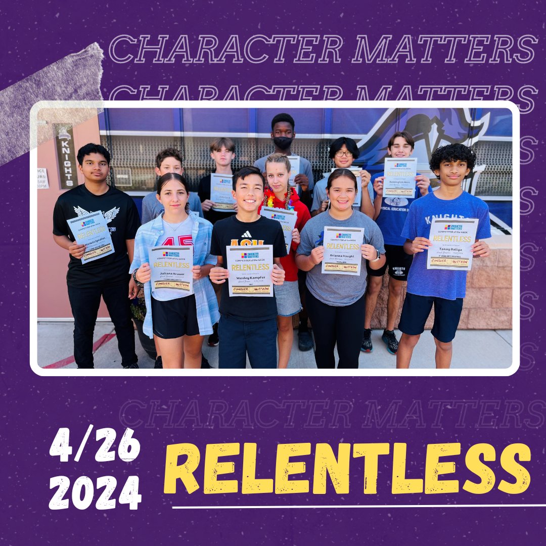 Congrats to this week’s Character Matters recipients! “Relentless” was the theme of the week, which focused on being tenacious, persistent, and never giving up. Congratulations athletes!