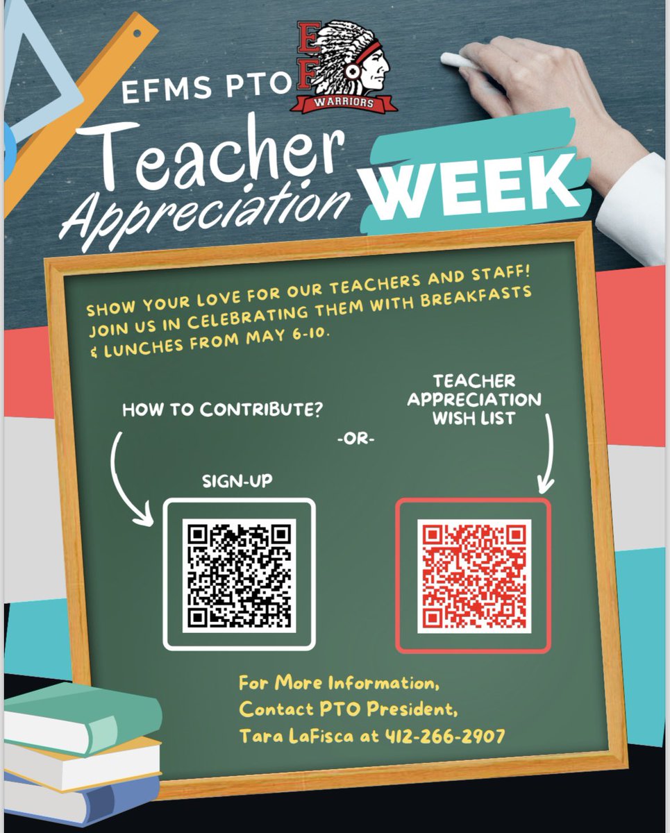 Teacher Appreciation Week is Right Around the Corner. Please Click on the EFMS PTO QR Codes to Make a Donation! Thanks