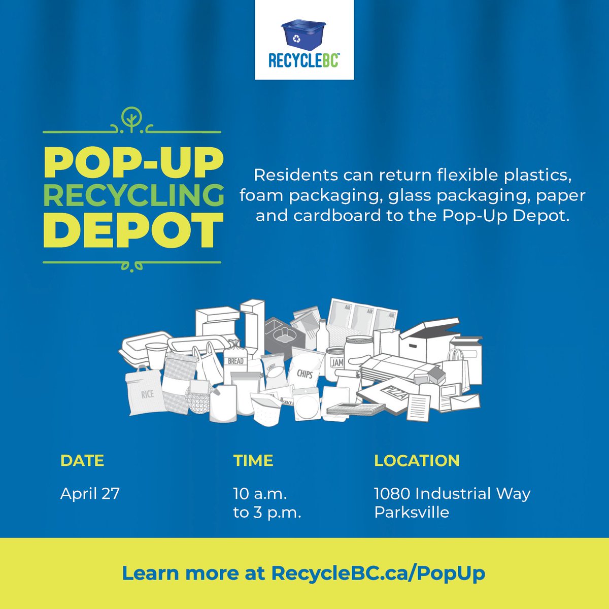 #Parksville BC: The Recycle BC Pop-Up Depot is open this Saturday, April 27, from 10am-3pm at 1080 Industrial Way. See accepted materials and the 2024 schedule at RecycleBC.ca/PopUp. Provided in partnership with the Parksville Community Centre Society ♻️ #RecycleBC
