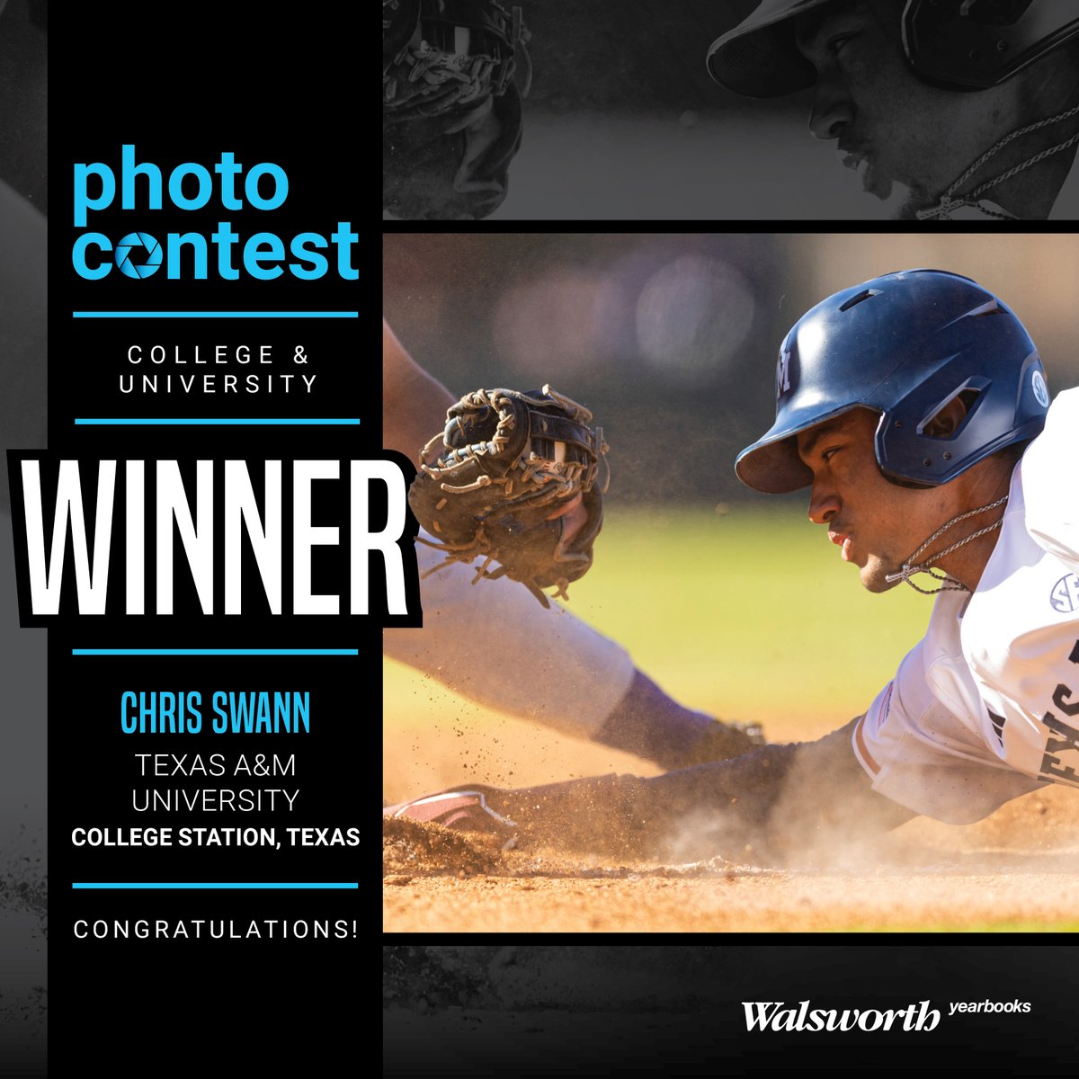 Congratulations to Chris Swann from Texas A&M University in College Station, Texas, on winning first place in the College and University category! To see all of our winners and honorable mentions, check out the link tinyurl.com/29n9vneu. #Walsworth #Yearbooks
