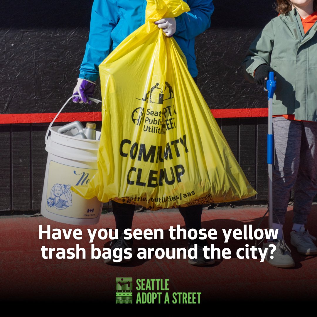 Have you spotted those yellow trash bags around the city? 🗑️ That's the incredible work of our Adopt a Street (AAS) team! 🌼 To learn more about the yellow bags and their impact on our community, visit atyourservice.seattle.gov/2024/04/24/ado… #CommunityCleanup #Volunteer #OneSeattle 🌟🚮🌆