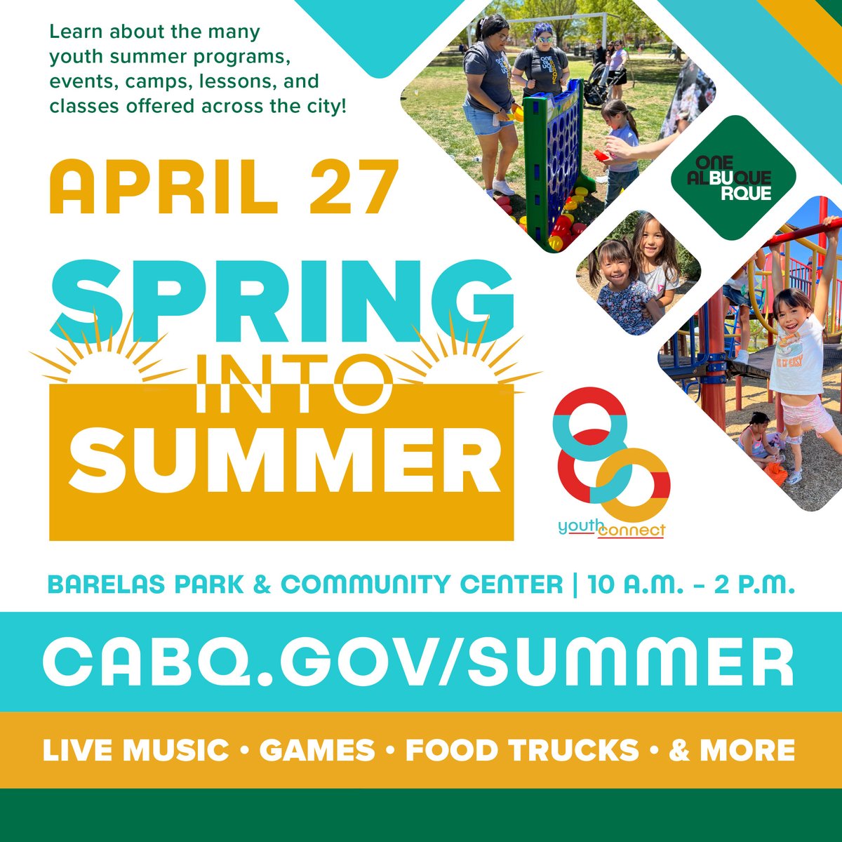 Spring into Summer returns tomorrow! Join us at Barelas Park & Community Center from 10 a.m. to 2 p.m. for games, food trucks, music, & more. Learn about City youth programs, camps, & classes while having a blast in the sun! cabq.gov/summer #OneAlbuquerque