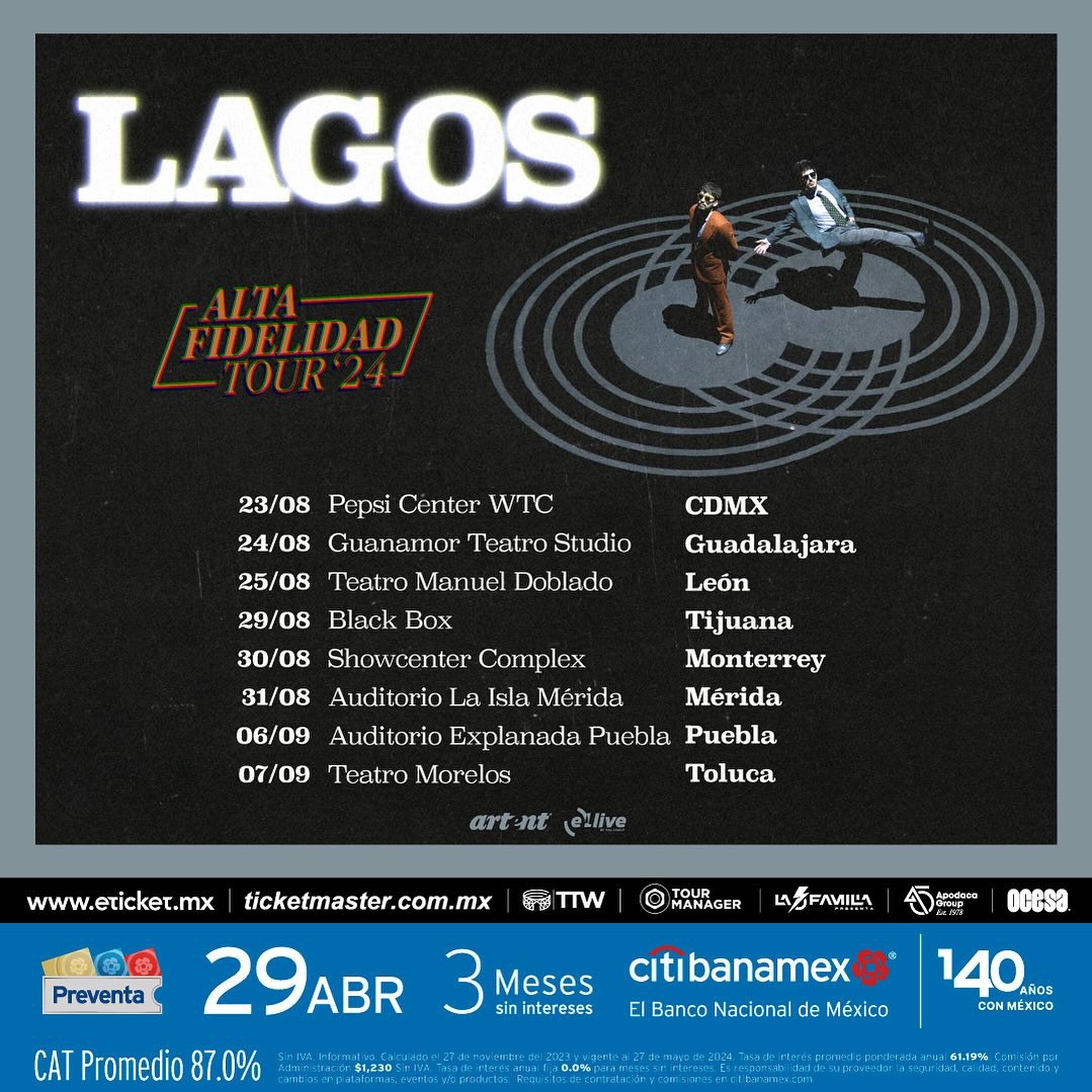 ¿Listos para el #AltaFidelidadTour de @LagosMusica ? 😎🪩✨ Próximamente en tu ciudad 😉🫵🧡 Adquiere tus boletos por eticket.mx en la #PreventaCitibanamex el 29 de abril🎟 Venta general a partir del 30 de abril 👀