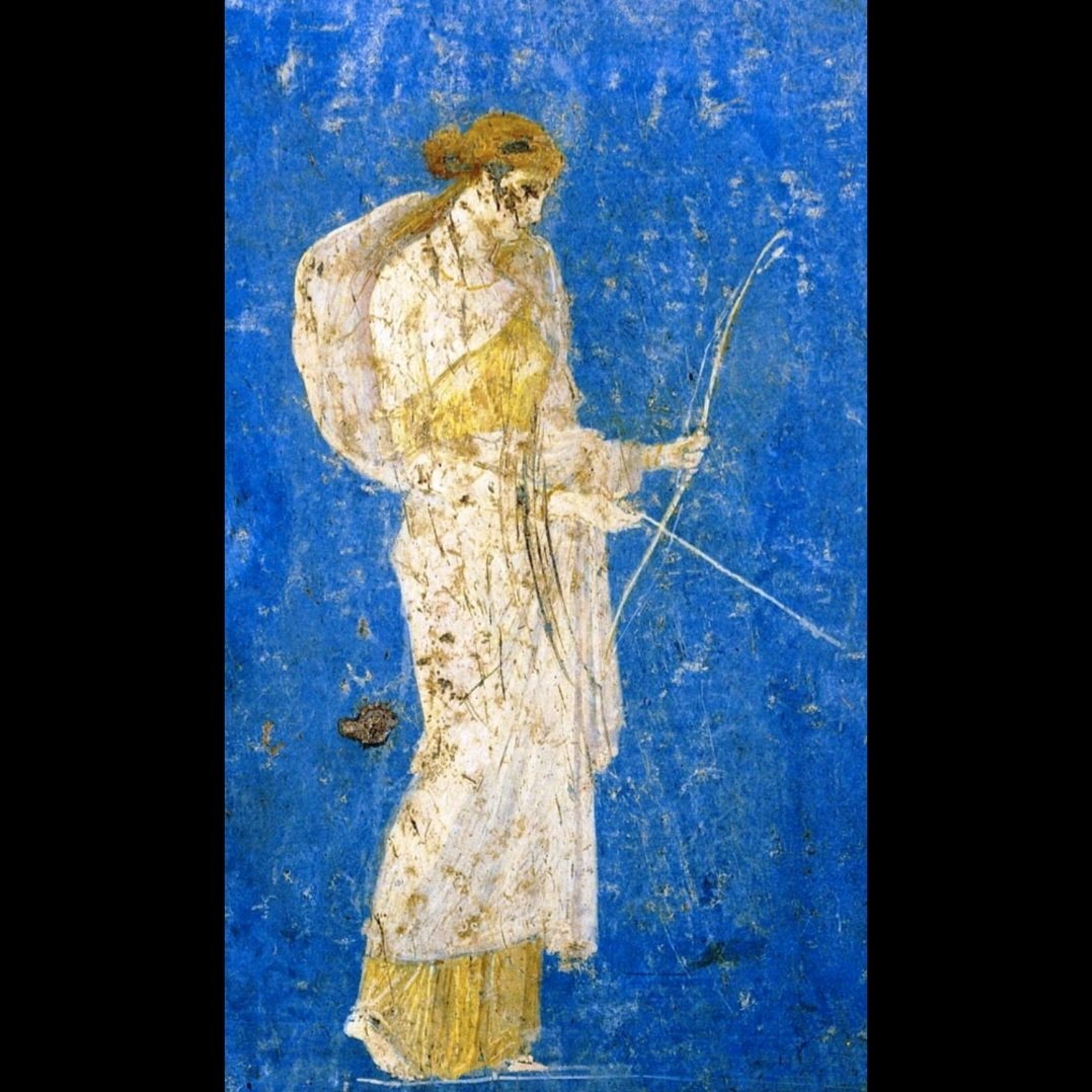 A fresco of Diana looking pensively at her bow and arrow from the Villa Arianna in Stabia, now in the National Archaeological Museum of Naples. #ClassicsTwitter