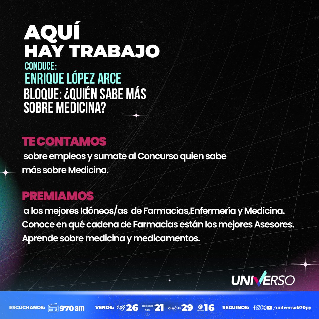 👉🏻 Mañana estrenamos bloque en 💼 #AquíHayTrabajo

▶️ ¿Quién sabe más sobre medicina?, a cargo del Dr. Nilton O. Torres.

👏🏻 Te contamos sobre empleos, habilitamos un concurso para medir tus conocimientos sobre medicina y premiamos a los mejores en el rubro de la salud🙌🏻

🎙️