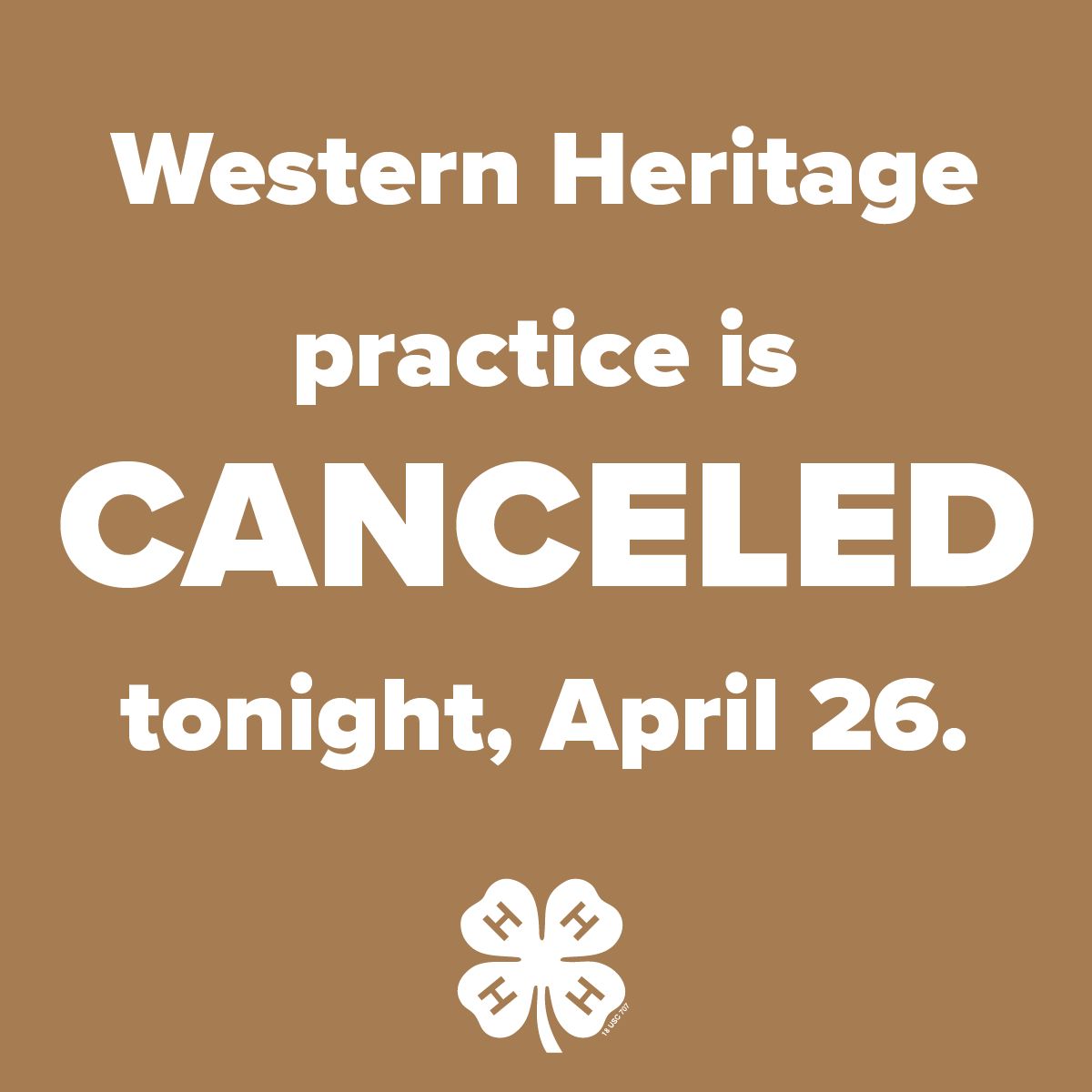 Western Heritage practice on Friday, April 26 is CANCELED due to a family emergency as well as the weather.

#4h #4hshootingsports #shootingsports #lc4hss #larimer4h #colorado4h #colorado4hshootingsports #4hwesternheritage #cancellation