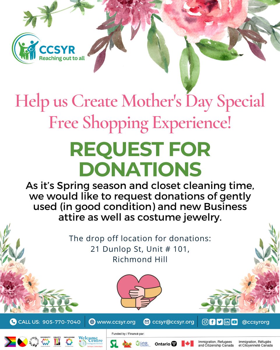 Help us create a free shopping experience for the guests at CCSYR's upcoming Mother's Day event! Drop off your gently used or new Business attire at 21 Dunlop St, Unit # 101, Richmond Hill. 
#donationdrive #mothersdayspecial #springcleaning #yorkregion #ccsyr #communityengagement