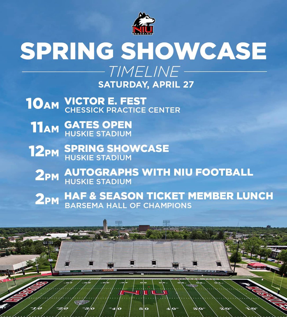 Tomorrow! Join us for the 2024 Victor E. Fest and NIU Football Spring Showcase 🏈 Enjoy food & drinks, inflatables, face painting, giveaways, and NIU football starting at 10AM! Learn more: bit.ly/3W1W45n