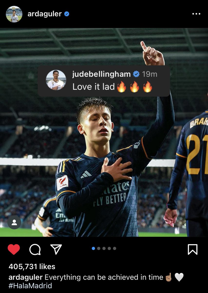📲 Jude Bellingham’s comment on Arda Güler’s IG post after scoring the winner against Real Sociedad 🤍 #HalaMadrid
