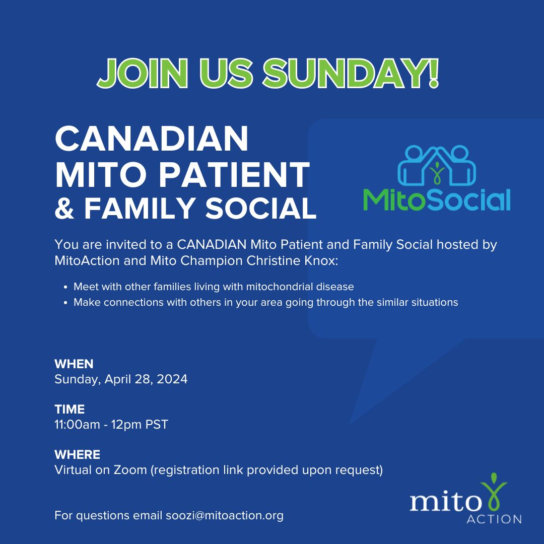 Join us on Sunday for another Canadian MitoSocial! Connect with others in your area to share stories, make new friends, and support each other on your own unique journey with mito. buff.ly/3Ujp7QS