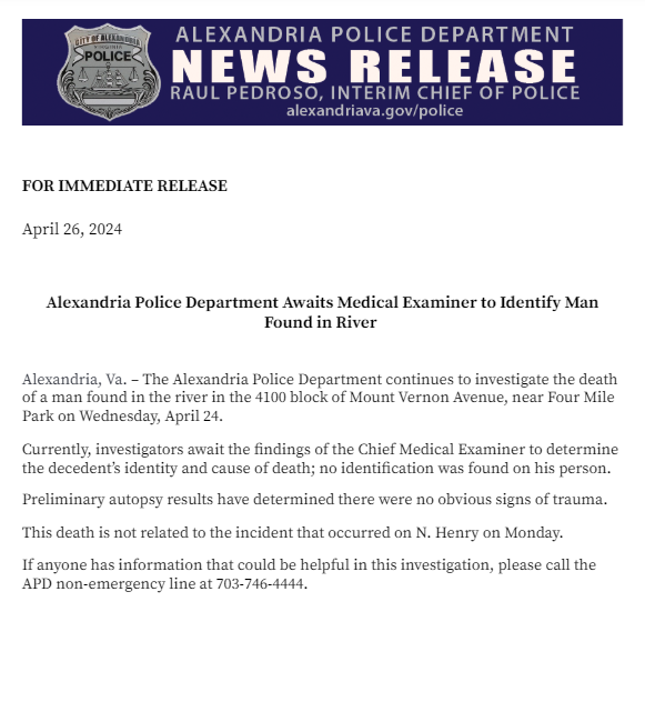 Investigation update: APD awaits report of Chief Medical Examiner to identify man found in the river near Four Mile Park.