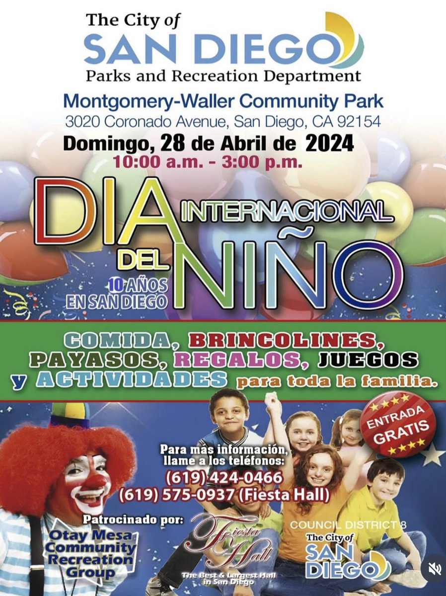 Join San Diego Parks & Rec for Dia del Niño on Sunday April 28 from 10am to 1pm! Entry is free and there will be food, jumpers, Tiliches the clown, raffles, prizes and more! 🎈🤡