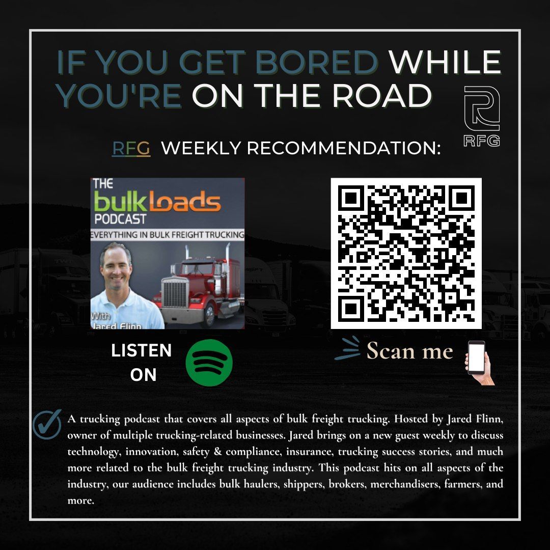 🌟 It's #FollowBackFriday and Bulk Conference Week! Our top recommendation this week? The Bulkloads Podcast 🚚
Click the link below to listen now! 
buff.ly/4bc1EGW
📝 #BulkloadsPodcast #Logistics #PodcastRecommendation #RFG11RollingStrong #recommendations #podcast #trucks