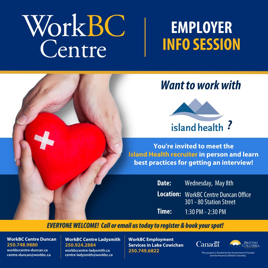 JOIN US! Meet the recruitment team from Island Health at our Duncan Centre on Wednesday, May 8th at 1:30 PM. Presentation on employment opportunities and application tips followed by Q&A. Call 250-748-9880 to reserve your seat!
