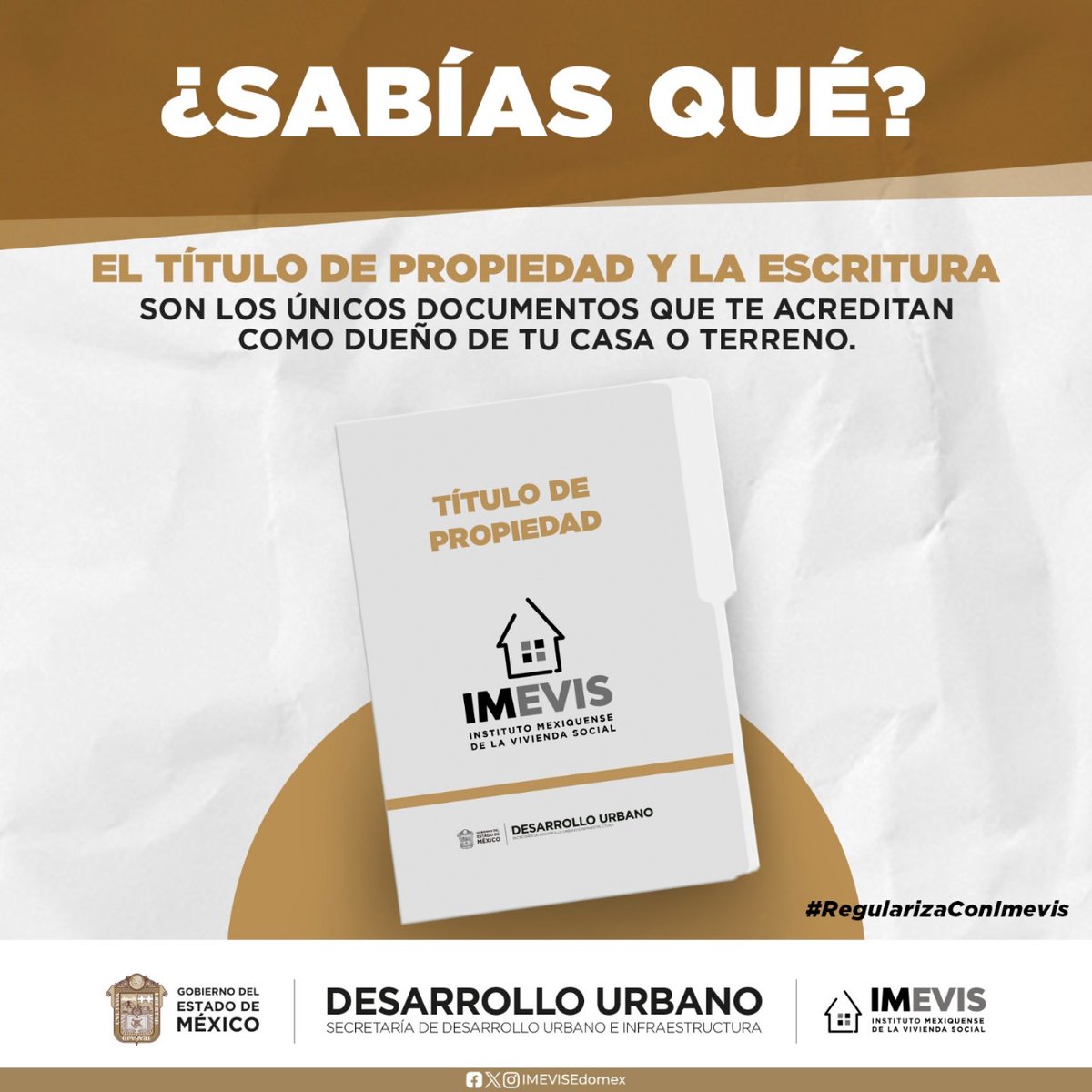 ¿Sabías qué? Solo hay dos documentos que te acreditan como dueño de tu casa o terreno, el título de propiedad y la escritura. ¿Ya los tienes? ¡Acércate al @IMEVISedomex!