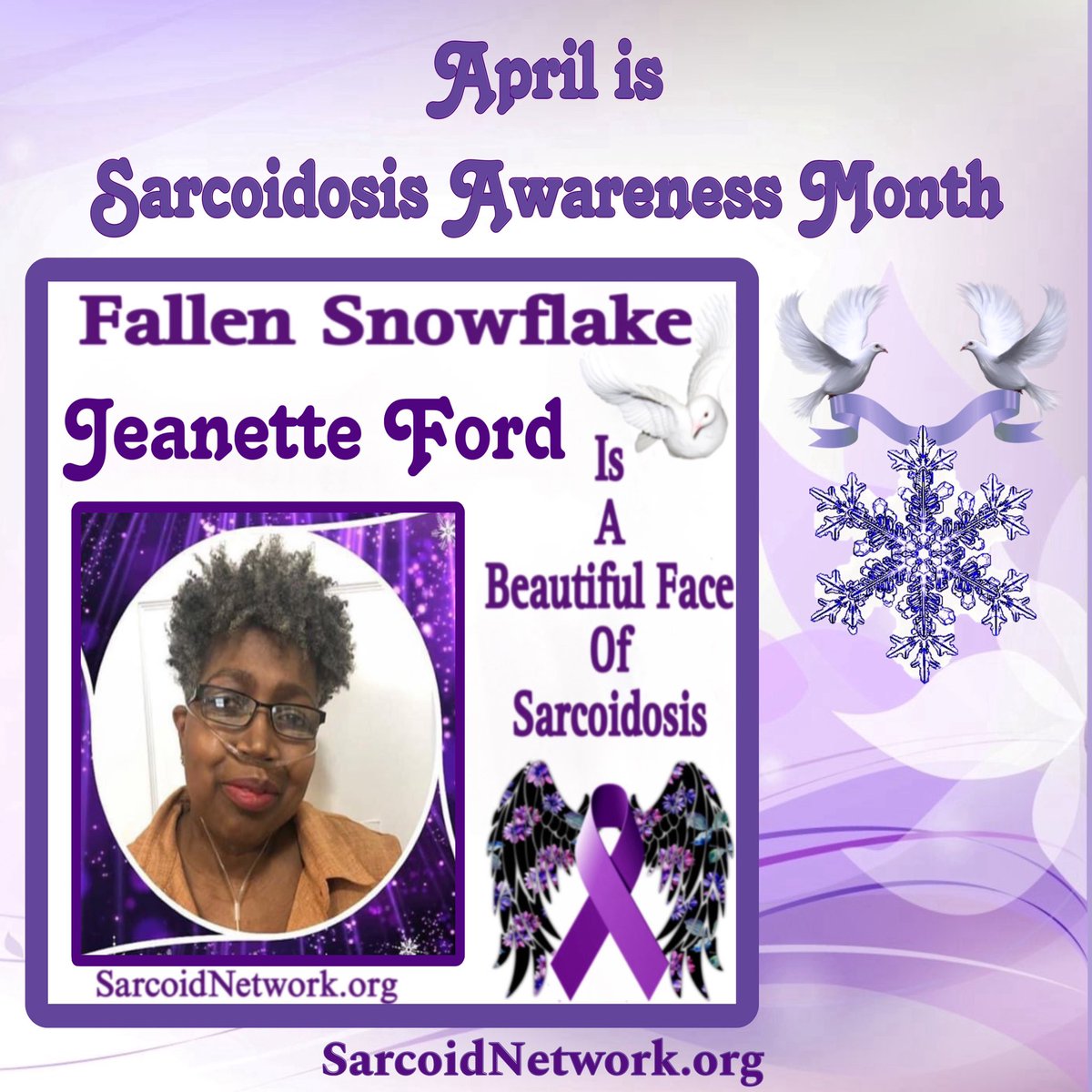 This is our Sarcoidosis Sister Fallen Snowflake Jeanette Ford and she is a Beautiful Face of Sarcoidosis!💜

#Sarcoidosis #raredisease #preciousmemories #patientadvocate #sarcoidosisadvocate #beautifulfacesofsarcoidosis #sarcoidosisawarenessmonth