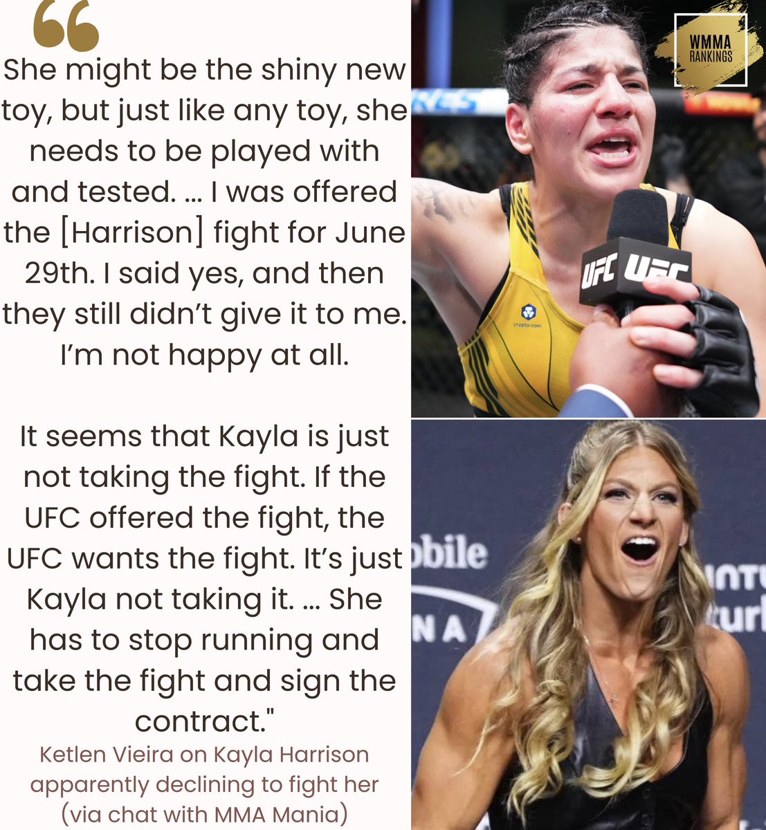🗣️ #2 ranked UFC bantamweight contender 🇧🇷 Ketlen Vieira persists in her call-outs of #4 🇺🇸 Kayla Harrison. Vieira alleges Harrison turned down a bout offer for #UFC303 on June 29. #WMMA #UFC