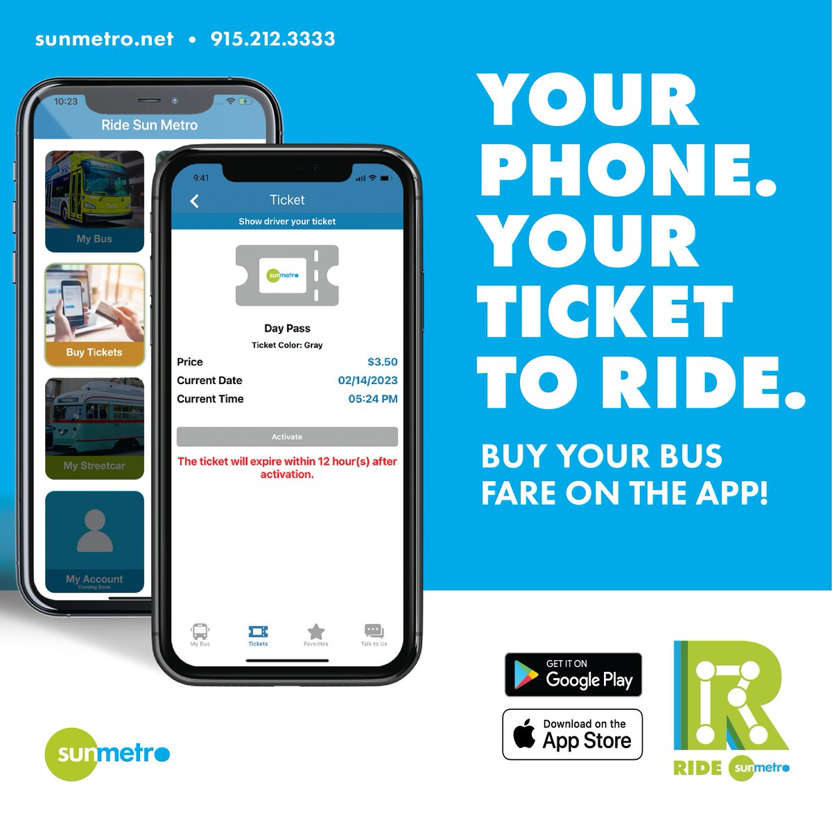 Your phone. Your ticket to ride. Buy your bus fare on the Ride Sun Metro app today! Download the app: bit.ly/40sjNuR For more information call 915-212-3333 #RideSunMetro #BusApp #SunMetro #BusFare #DigitalBusTicket #BuyOnline #DigitalTicket #bus #BusTicket #eptransit