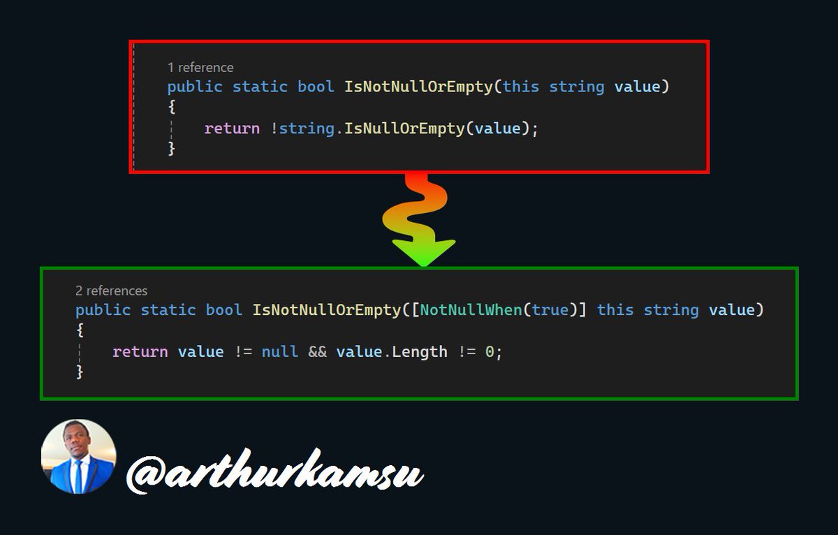arthurkamsu's tweet image. A better implementation of the extension method "IsNotNullOrEmpty" for string values. Add null check if needed. #dotnet #csharp #extensionmethods #arthurkamsu