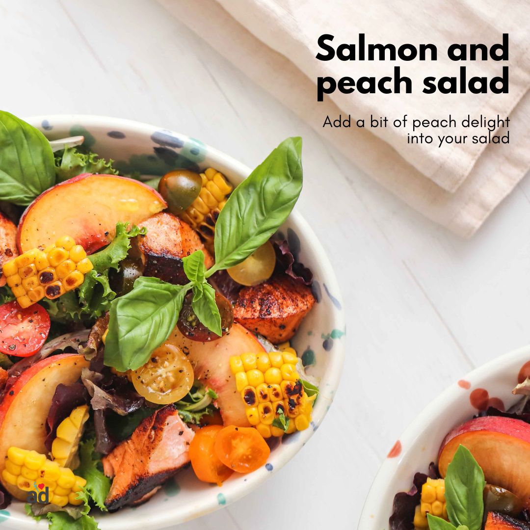 Salmon and peach salad Add a bit of peach delight to your salad. l8r.it/VfXP #veggies #brunch #foodgasm #cheese #healthyrecipes #hungry #delicious oodphotography #healthyfood #seafood #yum #tasty #foodblogger