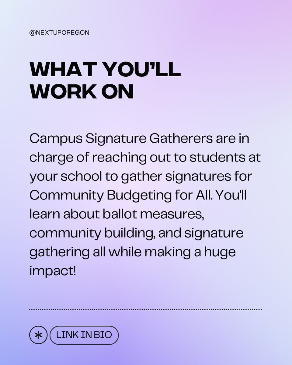 Are you a Portland student passionate about expanding the voice and vote of young people? 🎓✨ 

🗣️ We're looking for 8+ Campus Signature Gatherers to help get your Portland registered peers signed onto the petition to bring participatory budgeting to our City. 

Apply today: