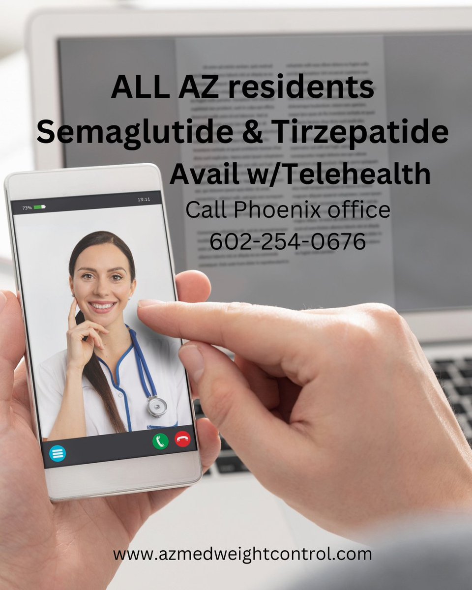 Semaglutide & Tirzepatide AVAIL ONLINE for All AZ residents w/Telehealth! Phoenix office 602 254-0676 or book by clicking link in bio, click Online Appt button.
#telehealth #arizona #semaglutide #tirzepatide #ozempic #mounjaro #tucson #az #phoenix #mesaaz #chandleraz #gilbertaz