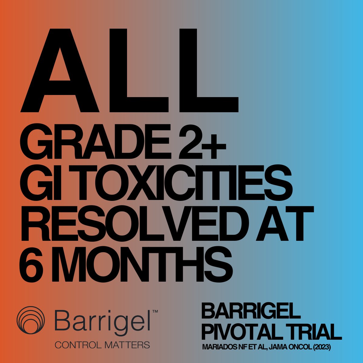 Did you know? In the Barrigel Pivotal Trial, all grade 2+ GI toxicities resolved at 6 months.

Read the paper: ow.ly/LbTx50RpGuR

Reference: Mariados NF, Orio PF III, Schiffman Z et al. Hyaluronic acid spacer for hypofractionated prostate radiation therapy: A randomized…