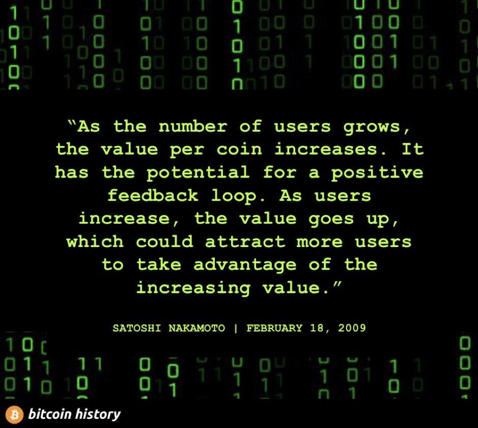 🔥Satoshi Nakamoto explicando por qué #Bitcoin aumentaría su precio de $0, hace exactamente 15 años “A medida que suben los usuarios, aumenta el valor, y esto atrae a mas usuarios que quieren Sacar rendimiento del valor que crece” 🚀 Es INEVITABLE 😎