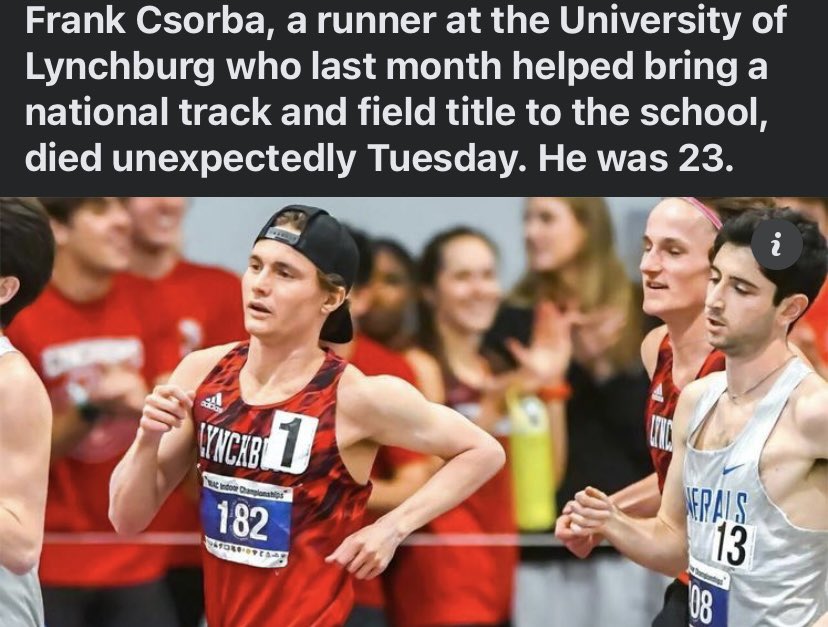 Frank Csorba, a runner at the University of Lynchburg who last month helped bring a national track and field title to the school, died unexpectedly Tuesday. He was 23 years old. 
A cause of death has not yet been released. 
Csorba, a graduate student, was a member of the men's…