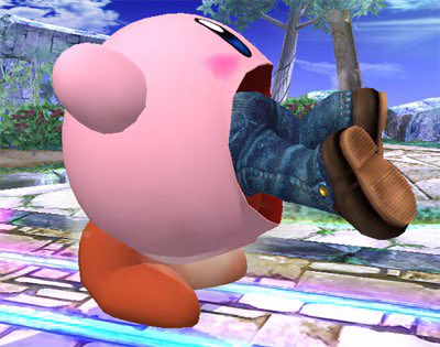 Mario being inhaled by Kirby. - Super Smash Bros. Brawl
