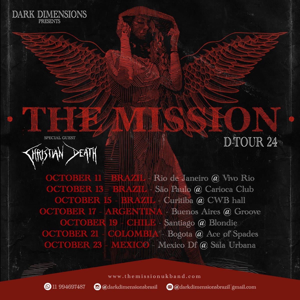 The Mission with Special guests Christian Death We are excited to announce our upcoming South America and Mexico tour with UK legends, The Mission. We are looking forward to experience both bands blowing your minds. #gothic  #gothicrock #gothmusic