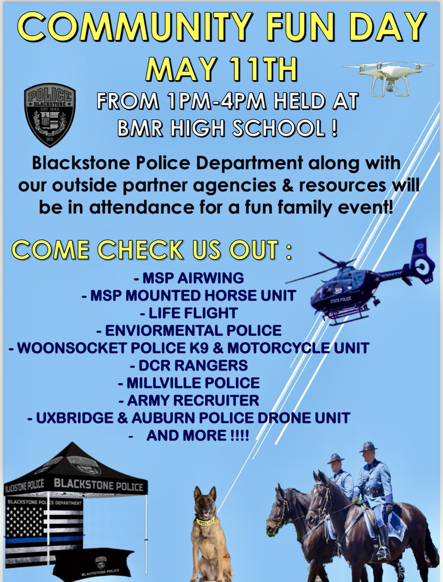 On May 11th BMR School District will be hosting Community Fun Day @ BMR High School. Come say hi to our Community Engagement Team Officers along with our other friends we invited below! The free event will also include touch a truck, food, games, face painting, book fair, & more!