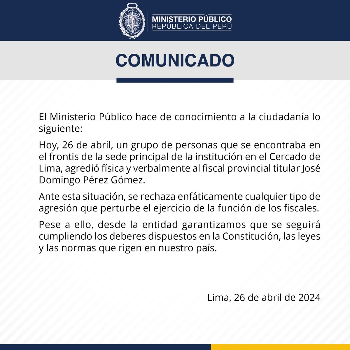 📢 Ministerio Público rechaza agresión física y verbal a fiscal provincial José Domingo Pérez Gómez.