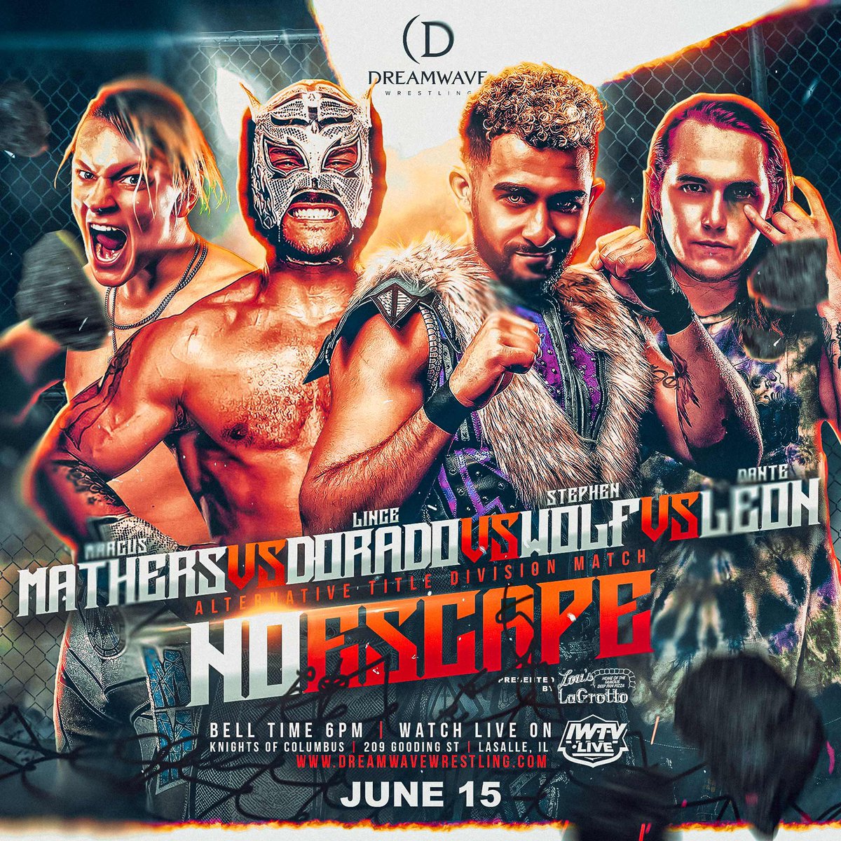 Happy Friday Dreamwave Family! We can’t believe it’s already been a week since we hung out with you. 

The lineup for No Escape on June 15th is starting to come together! 

Check it out in the comments below. More match announcements Monday.  

Have a great weekend!!

#DWESCAPE