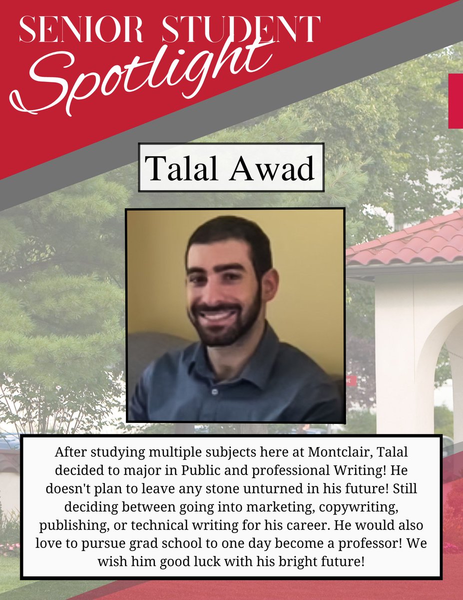 Congrats to Talal Awad for being featured as our Writing Studies Senior Student Spotlight! #Montclair #MontclairstateUniversity #Montclairstate #Writingstudies #publicandprofessionalwriting